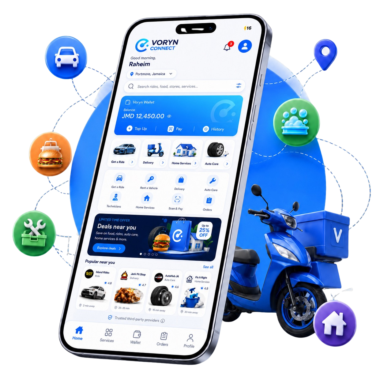 Voryn Connect app with mobility, delivery and home services